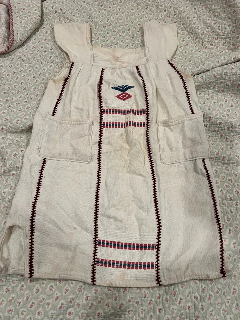 Girls Cream Embroidered Cotton Dress with Red & Blue Accents
